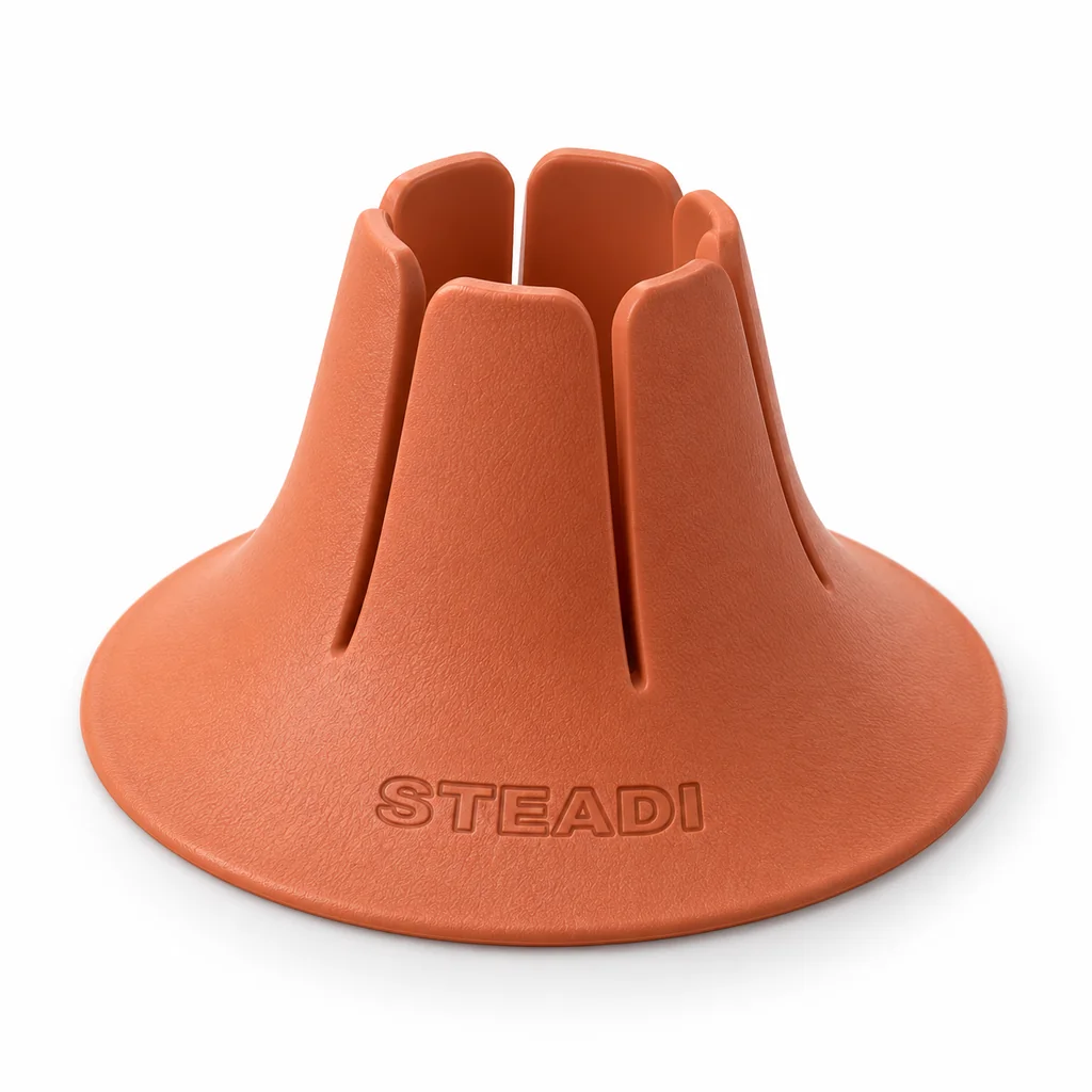 The Steadi cup holder showing six flexible fins and its broad flared base. Product illustration.