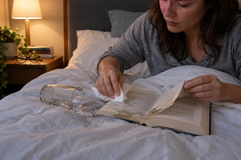 A shifting elbow tips bedside water onto the edge of the duvet and open paperback. AI illustration.
