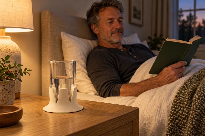 A water glass in sand Steadi on an oak bedside table beside a man reading in bed. AI lifestyle illustration.